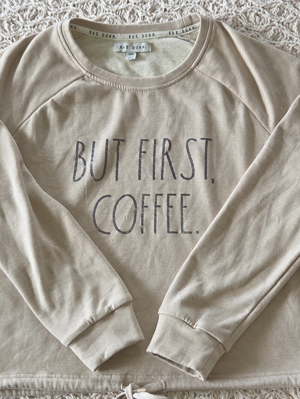 Rae Dunn Women's Beige But First Coffee Graphic Pullover Sweatshirt Drawstring M